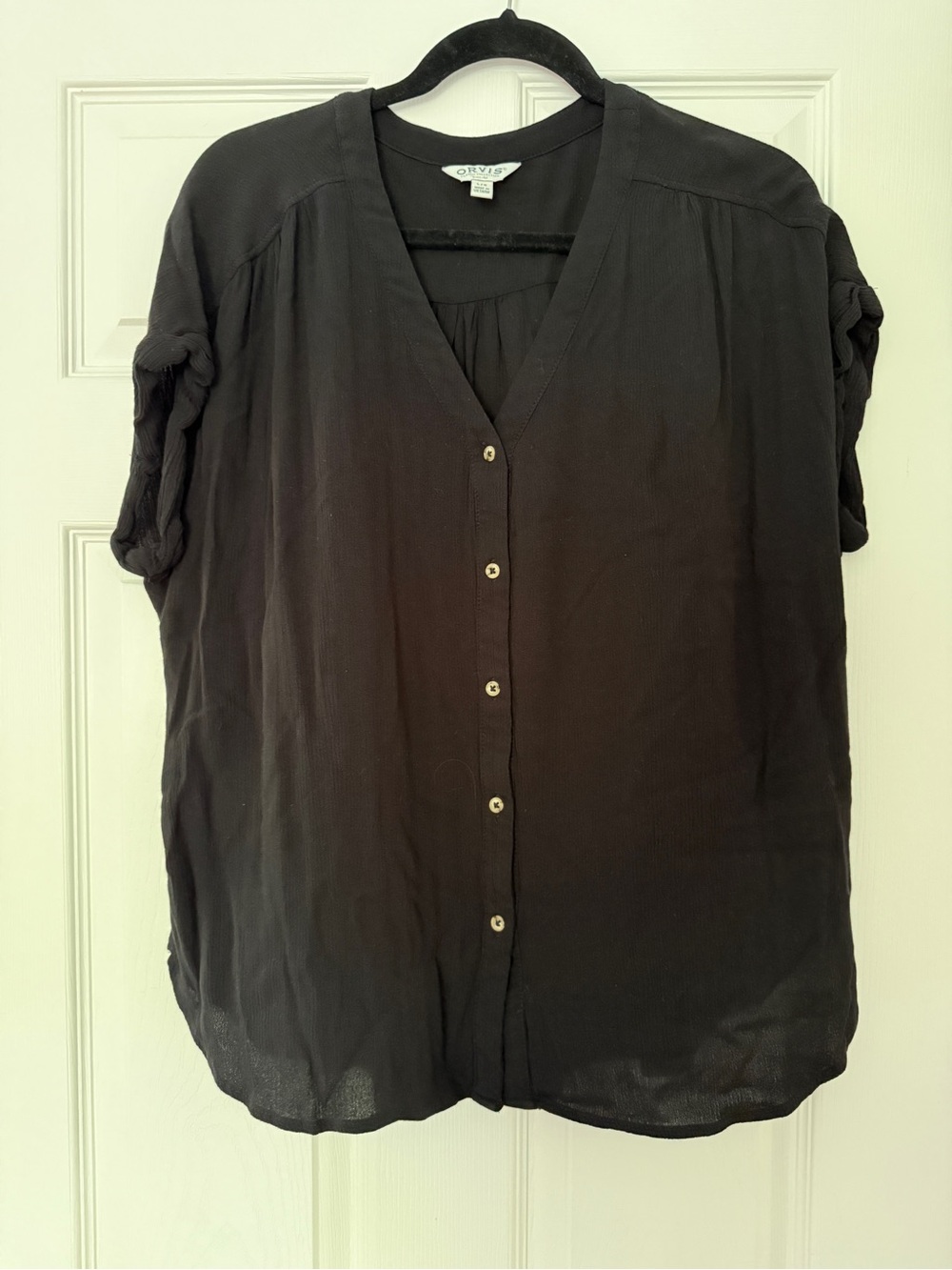 Orvis Black Short-Sleeve Button-Down V-Neck Blouse